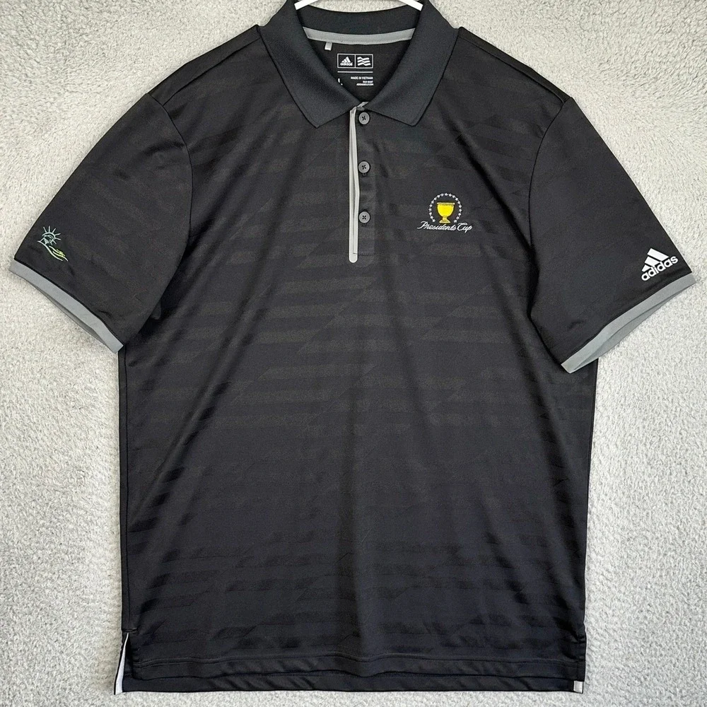 Adidas Polo Shirt Mens Large Black Striped Presidents Cup Golf Performance Rugby